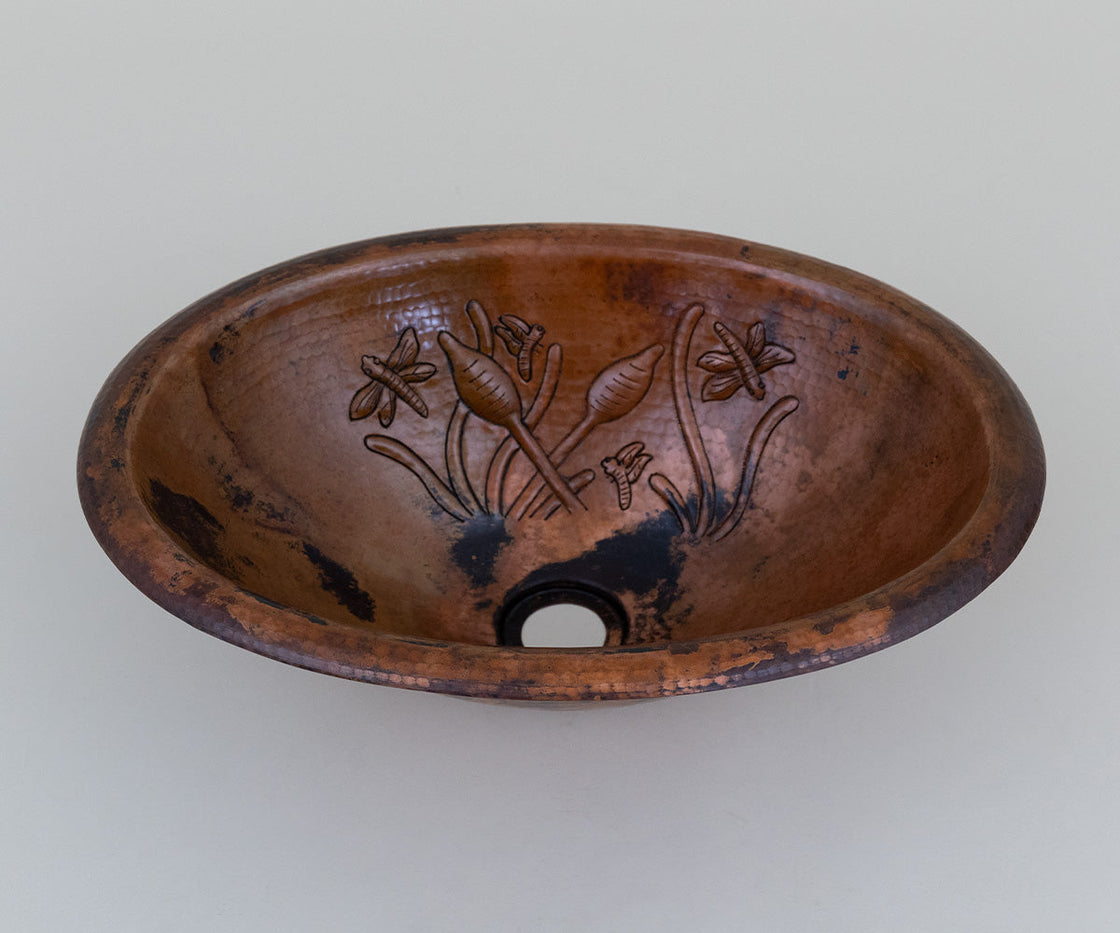 Oval Copper Washbasin with Juncos Design