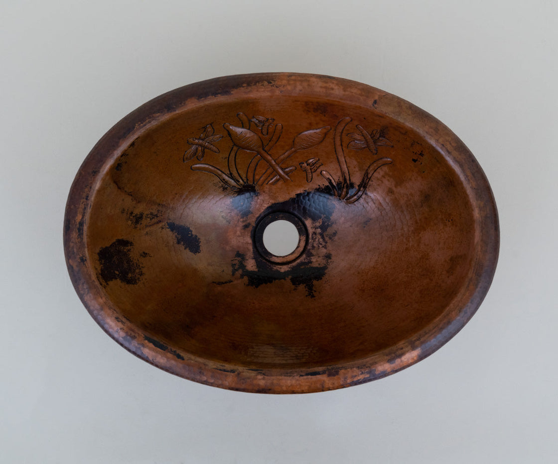 Oval Copper Washbasin with Juncos Design