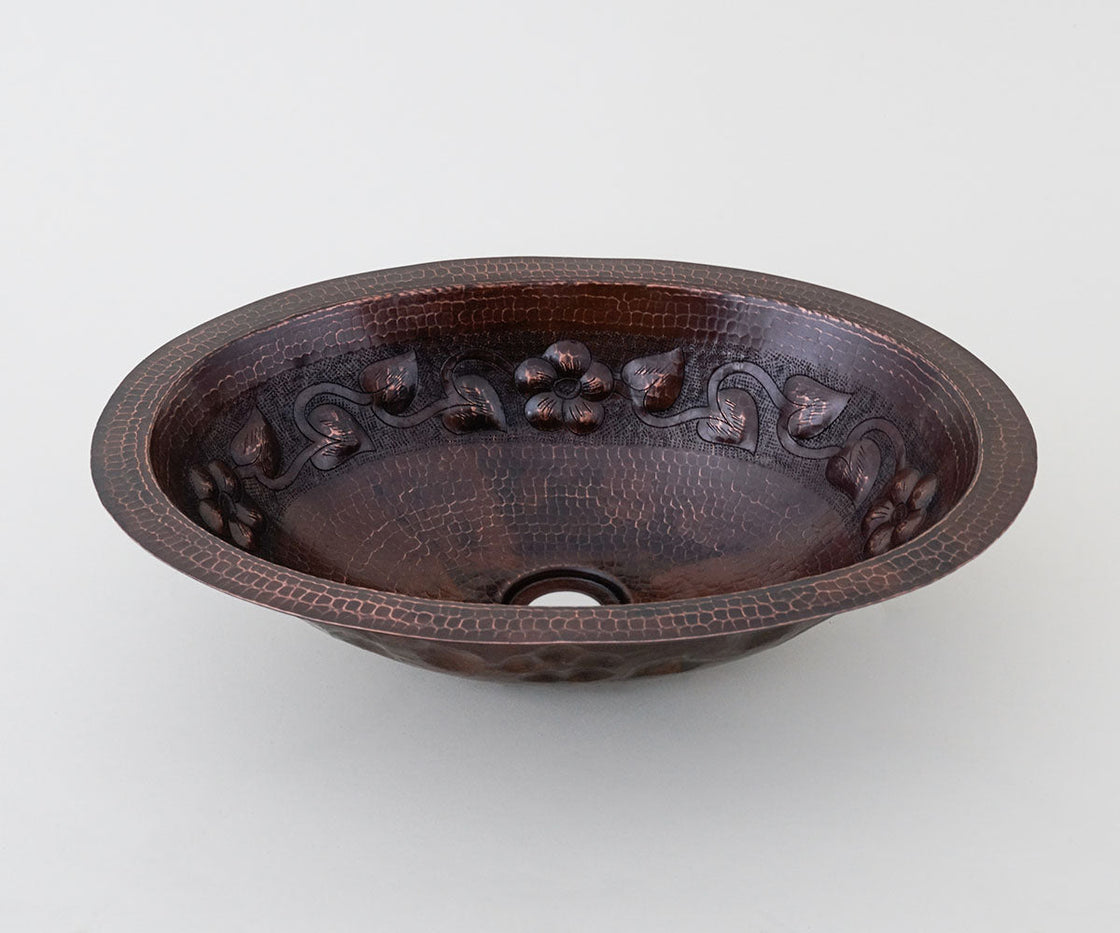 Oval Copper Washbasin with Floral Design