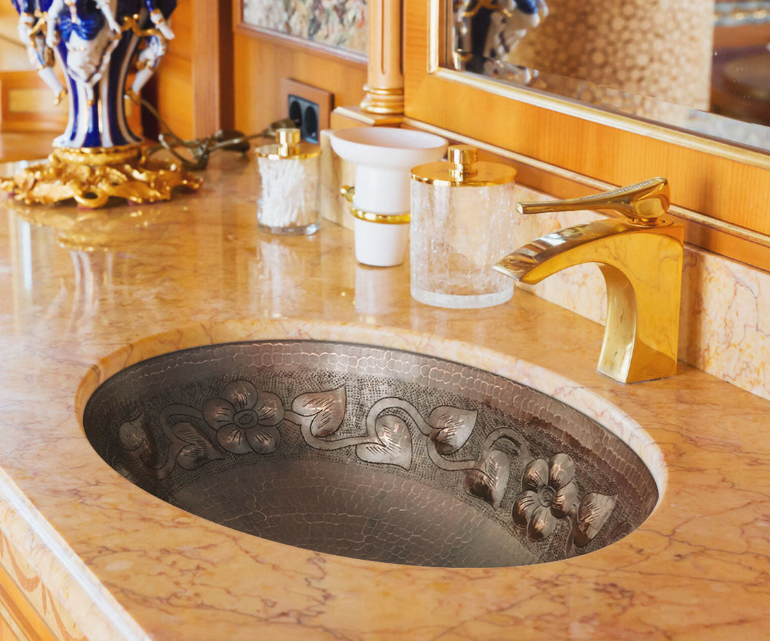 Oval Copper Washbasin with Floral Design