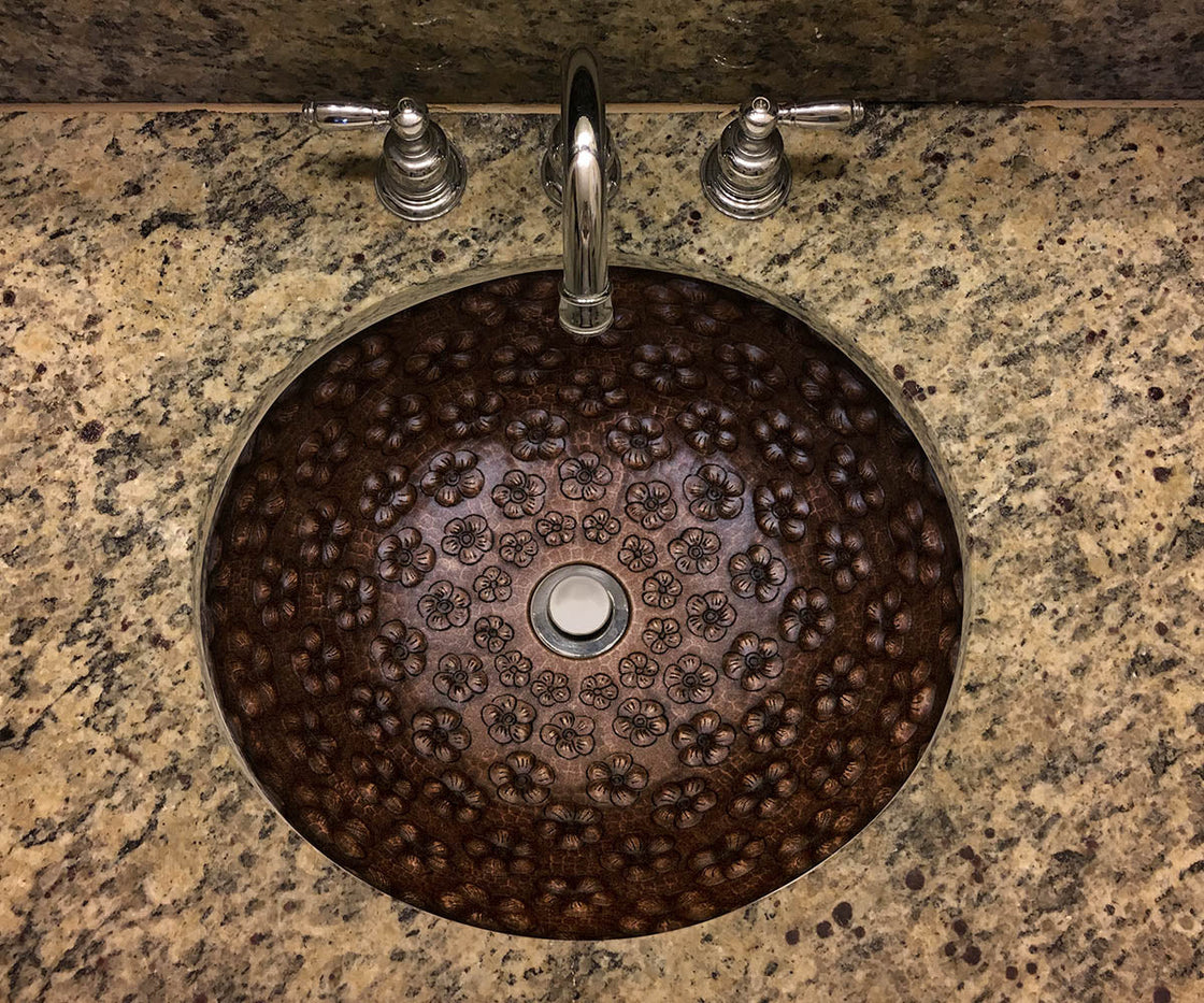 Round Copper Washbasin with Violet Flower Design
