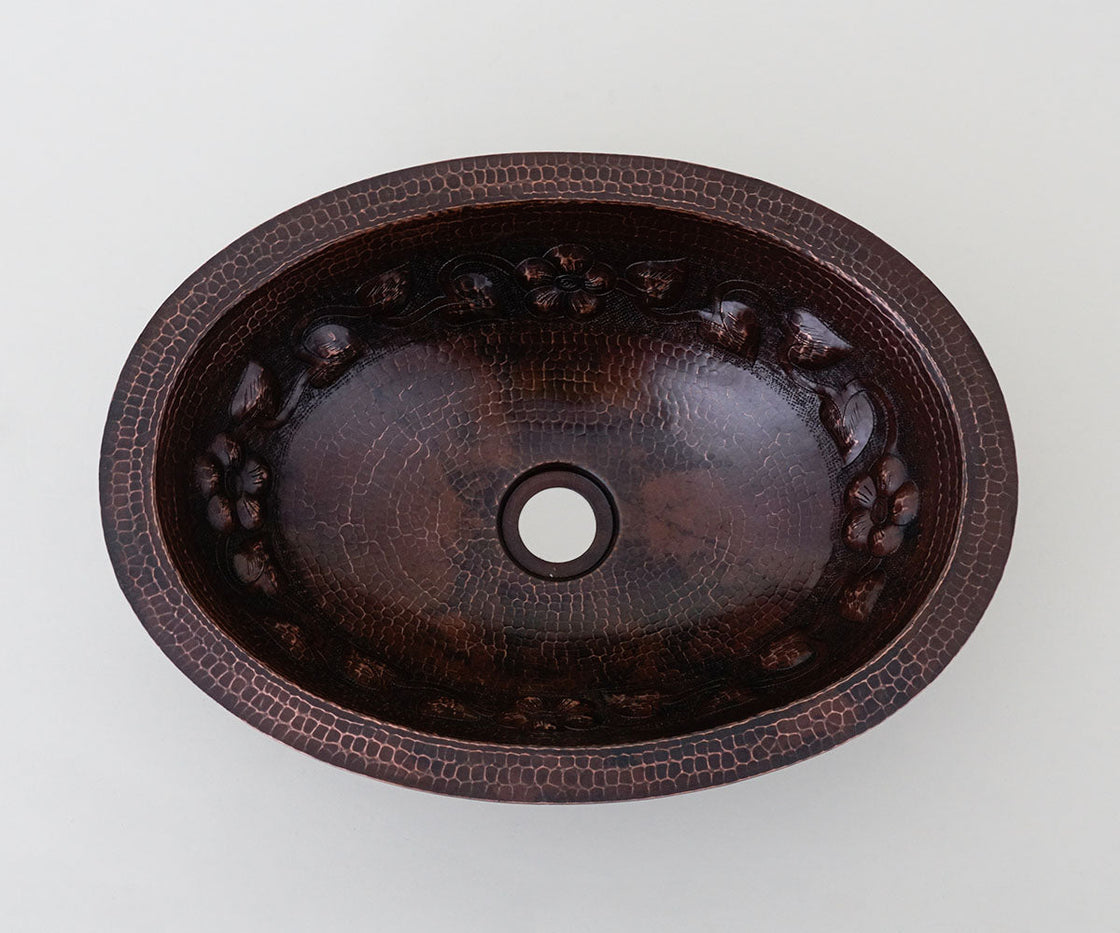 Oval Copper Washbasin with Floral Design