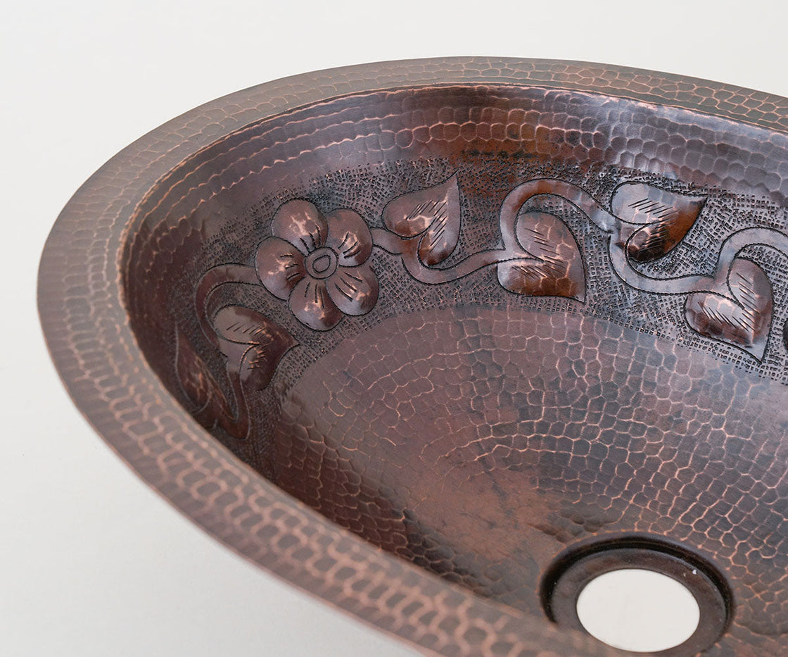 Oval Copper Washbasin with Floral Design