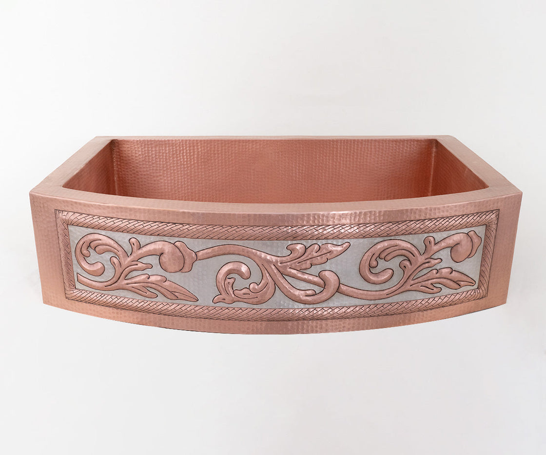 Farmhouse Kitchen Sink with Round Copper Skirt and Silver Design