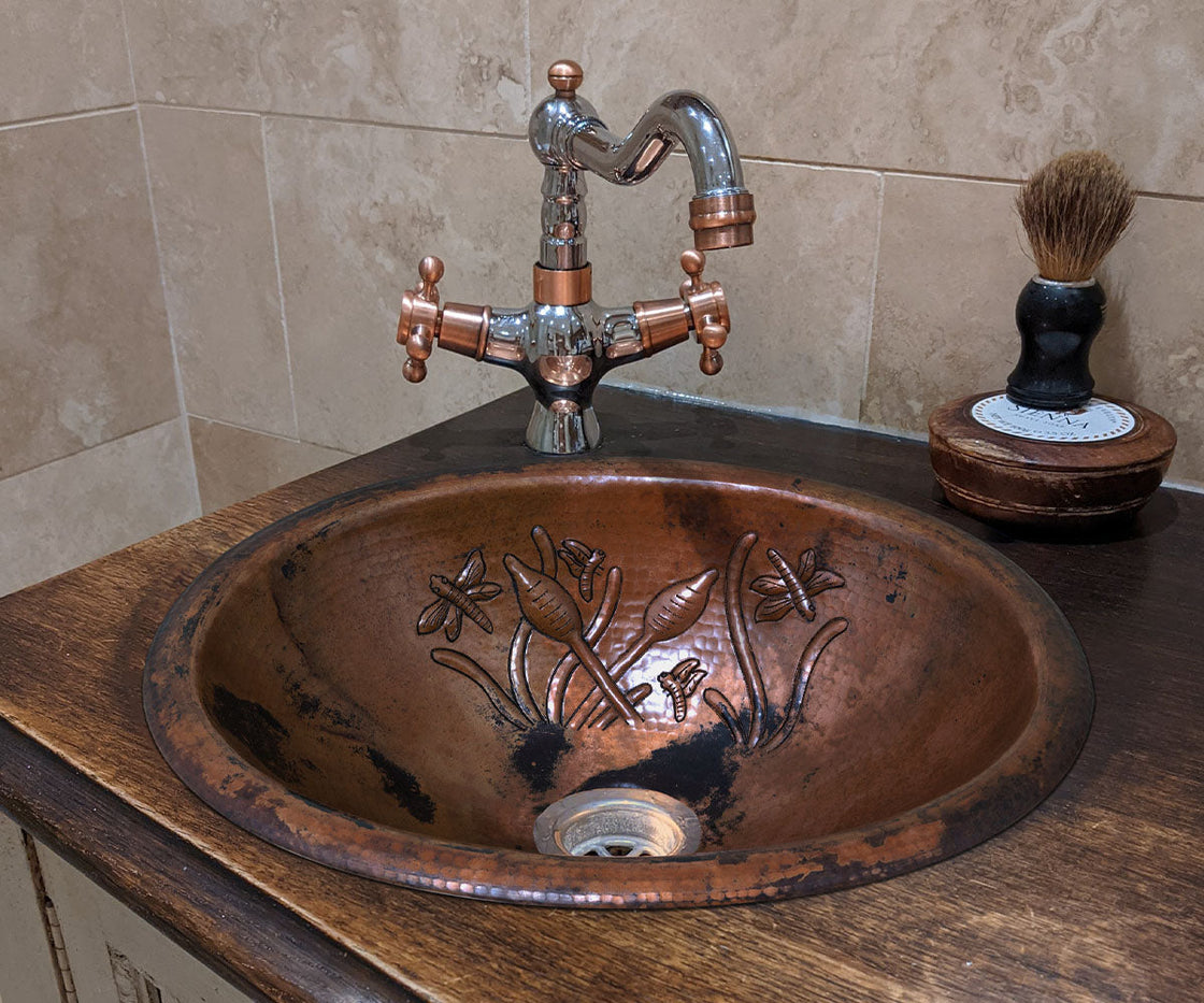 Oval Copper Washbasin with Juncos Design