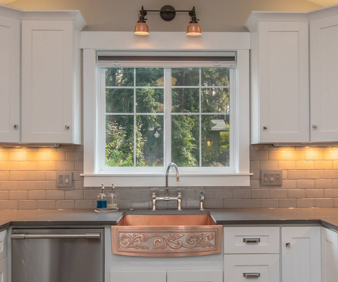 Farmhouse Kitchen Sink with Round Copper Skirt and Silver Design