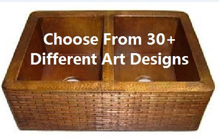 Double Bowl Farmhouse Copper Kitchen Sink 50/50 with Arts (Multiple Designs and Sizes, #CFS-5050ART)