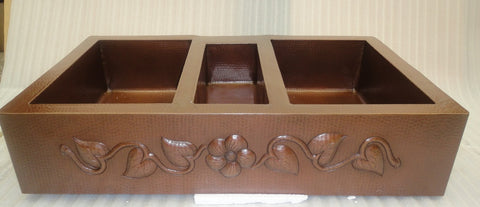 Farmhouse Triple Bowl Copper Kitchen Sink (42 or 45 Inch) with Design