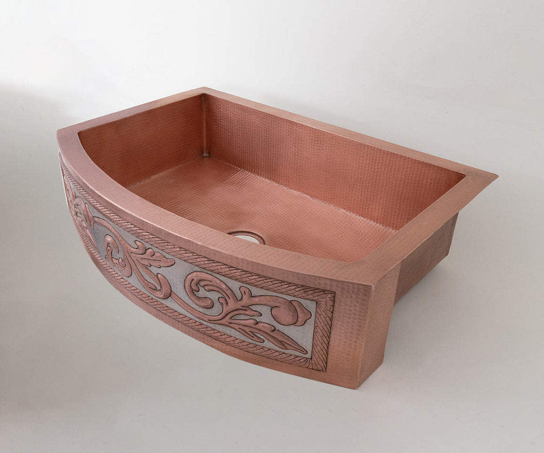 Farmhouse Kitchen Sink with Round Copper Skirt and Silver Design